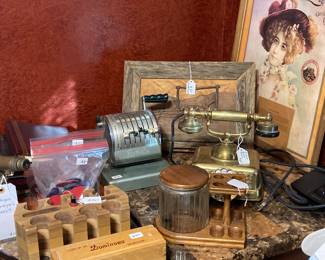 vintage poker chip holder, vintage dominos, pipe stand with humidor, brass phone, relief western carving, Coors Bear repro ad