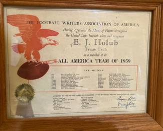 Holub's 1959 All America commendation (Texas Tech junior year--Tech's first All American)