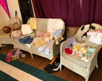 Vintage wicker set and older doll clothes