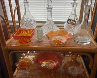 Decanters and nice bamboo shelving unit