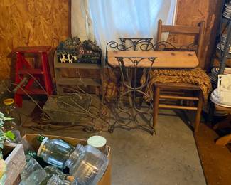 Sewing machine rack
Wooden chairs and jars