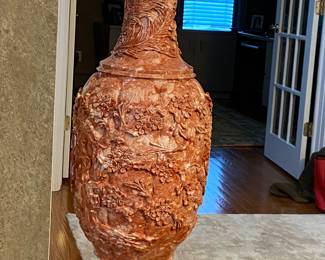 Carved Rose Marble Vietnamese Urns on Pedestals, Fabulous !