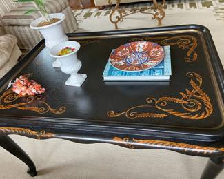 Handpainted Tall Coffee/Side Table, Black with Gold Details, Measures approximately 39" x 28"