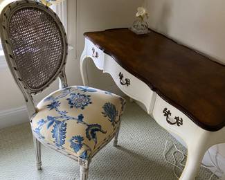 French Style Writing Desk with Custom Covered Chair and Caned Back