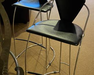 Pair Of Bar Stools in Black Leather and Chrome