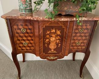 Louis XVth Style Chest with Brass Details and Ornate, Intricate Floral Inlay and Geometric Pattern, Rose Quartz Top