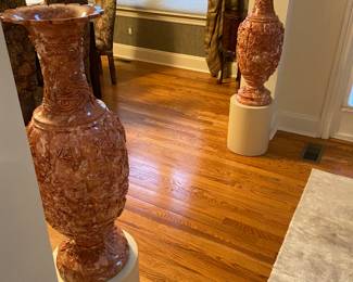 A Gorgeous Pair of Carved Rose Marble Vietnamese Urns on Pedestals !