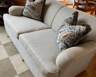 Family Room Loveseat, Custom Covered with beautiful decorator designed Pillows. Measures approximately 72" x 44" deep