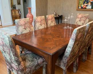 Parsons Dining Table and Custom Covered Tapestry Chairs