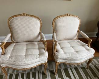 Pair of Tufted Bergere' Chairs, Neutral Color Cabric, Mint condition.