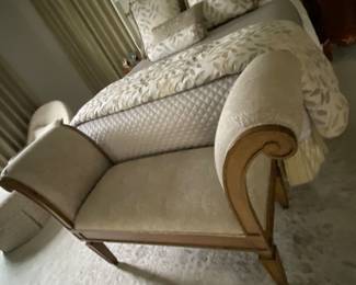 Lovely Custom Covered Bench with Curved Arms, Measures approximately 62" wide