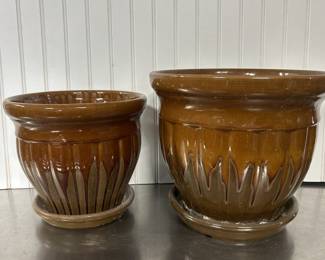 (2) Brown Ceramic Planters w/ Trays