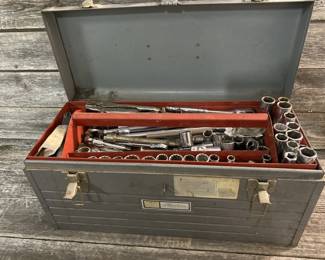 Heavy Duty Silver Metal Tool Box w/ Sockets & More