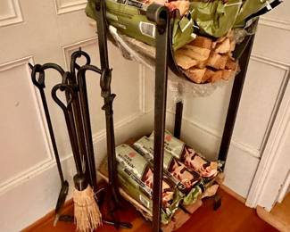 Fireplace Stand & Tools….( numerous bundles kindling in garage )