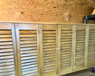 70.5”x 33.5” x 16” long record cabinet w/louvered doors  …would make great large flatscreen base !  (See in garage)