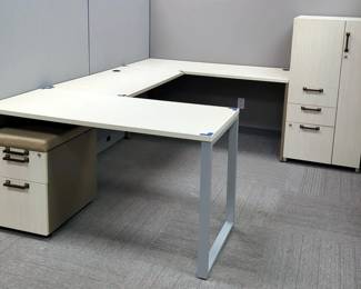 4 Piece Office Workstation Including L-Shaped Desk, 29.5" x 72" L x 54" W, Work Table, 29" x 60" x 24", Storage Cabinet, 49" x 24" x 24", And Rolling Padded Locking File Cabinet, 24" x 16" x 22.5"