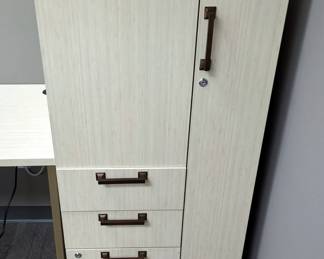 4 Piece Office Workstation Including Electric Adjustable Height L-Shaped Desk, 72" L x 54" W, Work Table, 29" x 60" x 24", Storage Cabinet, 49" x 24" x 24", And Rolling Padded Locking File Cabinet, 24" x 16" x 22.5"