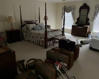 Various furniture, bedroom 1. American Drew double rice carved bed set.