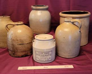 Primitive Crock And Jug Collection 6 Pieces