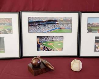 Framed Baseball Photos, Wood Carved Ball bat, Clay Baseball.