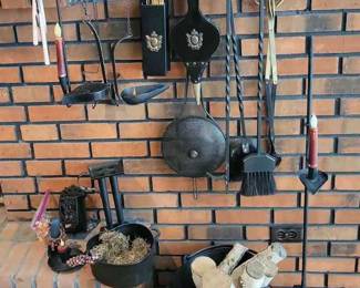 Assorted Cast Iron Fireplace Tools And Candle Holders 19 Pieces Heavy