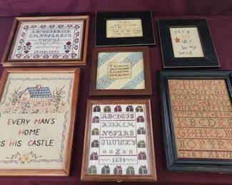 Framed Needle Work Samplers 7 Pieces
