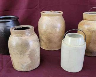 5 Primative Stoneware Crockery With And Without Caps.