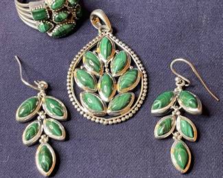 Sterling Silver Malachite (?) TREE OF LIFE Necklace Pendant, Matching Earrings and CHUNKY Ring