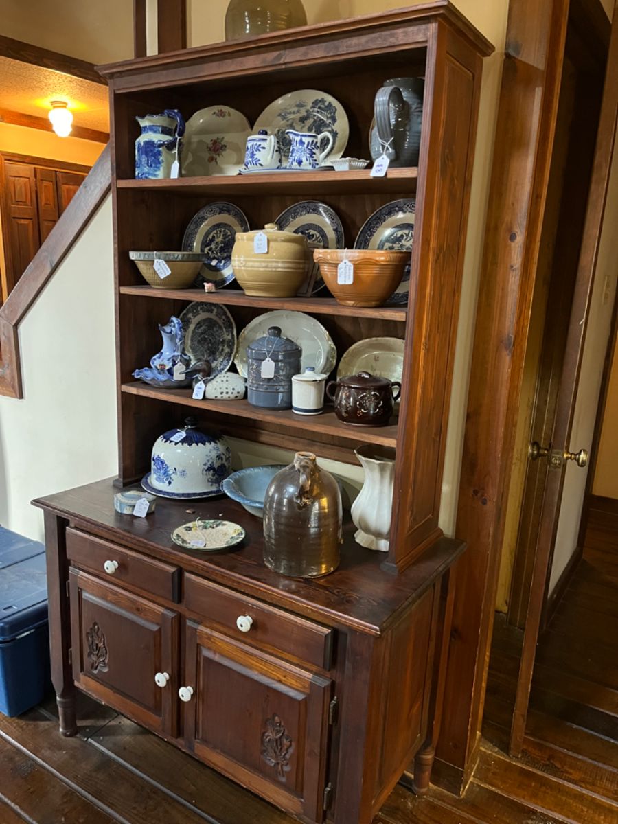Hutch hand made by late owner. Beautiful collection of blue and white pottery and porcelain 