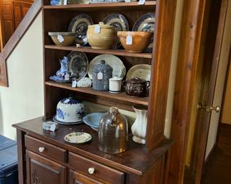 Hutch hand made by late owner. Beautiful collection of blue and white pottery and porcelain 