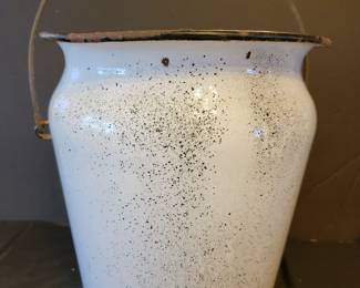 Vintage White Black Enamel Large Milk Carm Chore Slop Bucket w/ Handle 