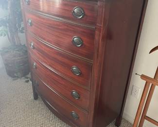 $240 Five drawer chest solid wood, mahogany bow front 36W 18D 47H