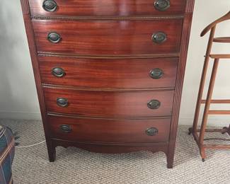 $240 Five drawer chest solid wood, mahogany bow front 36W 18D 47H
