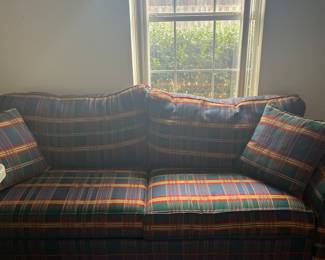 $250 Multi colored plaid sleeper sofa 92W 36D 35H