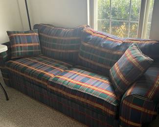 $250 Multi colored plaid sleeper sofa 92W 36D 35H