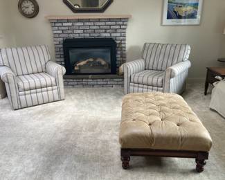 Tufted Leather Ottoman and Upholstered Chairs