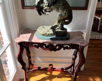 Frederic Remington rattlesnake statue; marble-top table