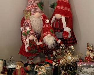 Gnome family; lots of Christmas decorations 