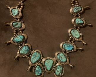 Morty Johnson Navajo Squash Blossom Necklace Silver and Turquoise (c. 1975)