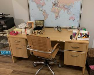 World map; desk; office supplies