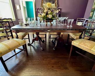 Chippendale dining table and chairs.  Dining table has three leaves not shown.