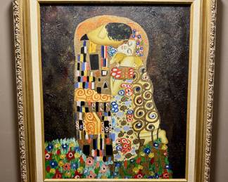 Nicely framed hand-painted reproduction of "The Kiss" by Gustav Klimt.