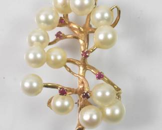 14k Gold Pendant/Brooch Pearls Rubies