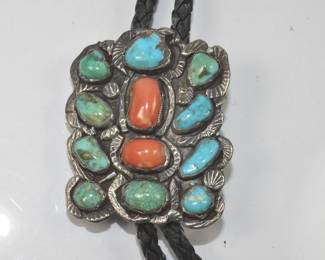 Turquoise, Silver And Coral Bolo