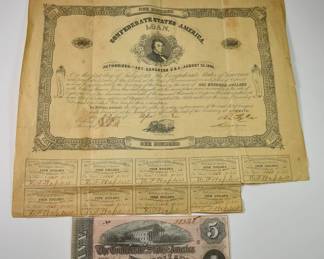 Confederate Loan Notes and 5 Dollar Bill