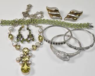 Group of Sterling Jewelry with Green Rhinestones