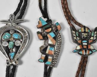 Bolo Group, Turquoise, Coral, Onyx and Mother of Pearl