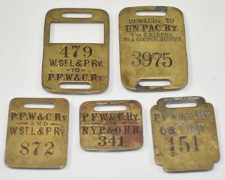 Five Brass Railroad Luggage Tags