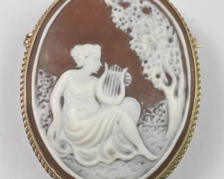 Cameo 9k Brooch Girl With Harp