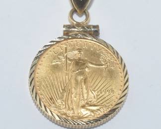 1/10 oz Eagle Gold Coin Pendant 14k Gold Bezel